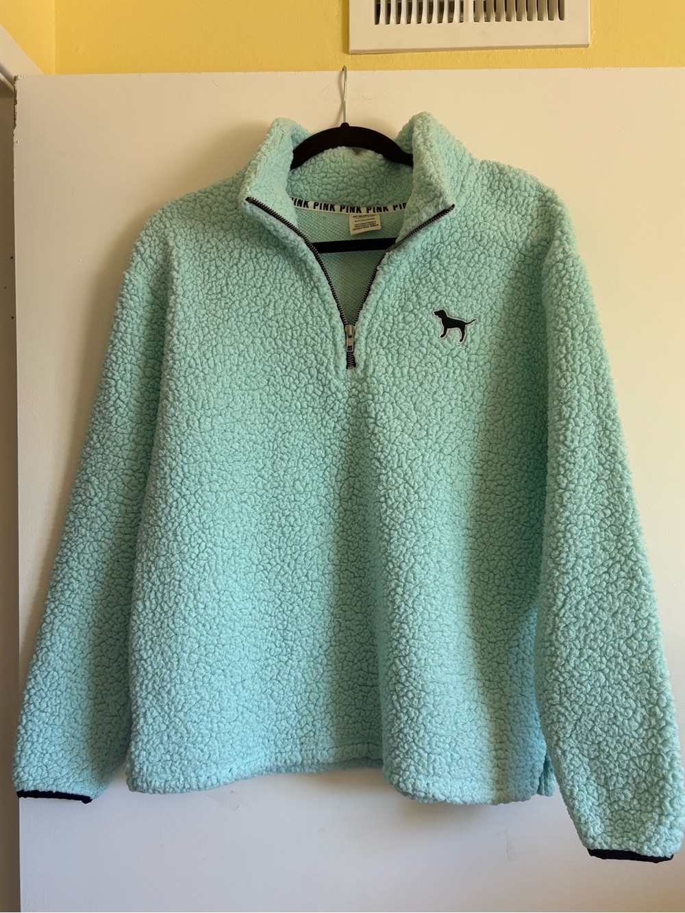 Victoria's Secret PINK Light Aqua Sherpa Pullover with Black Trim